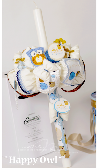 Lumanare de botez cu bufnite personalizata, 65x4 cm, Bufnita vesela 2